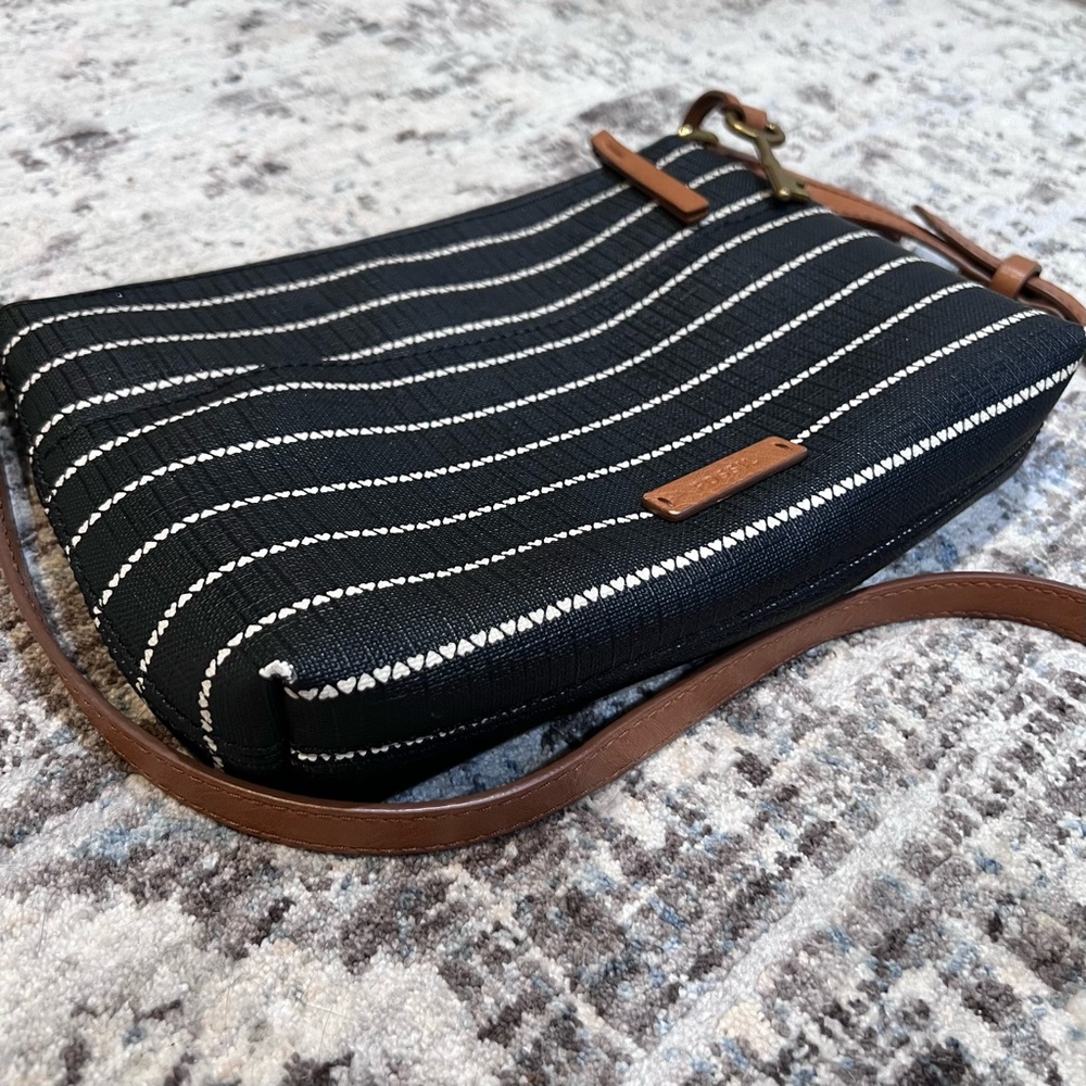 Fossil Fiona Small Black and White Striped Crossbody Bag with Brown Strap - Picture 3 of 10